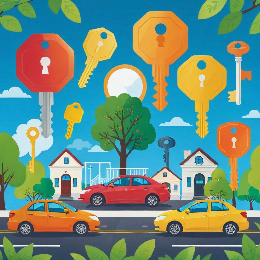 A set of colorful keys unlocking a shiny car with a price tag showing a low cost, surrounded by icons of coverage like shields and checkmarks. The background features a peaceful road with trees, symbolizing safety and affordability. Include a welcoming sunlit sky to evoke a feeling of optimism. vibrant colors. modern flat design.