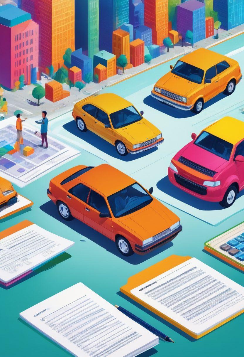 An illustration of a diverse group of people examining various auto insurance documents and calculators around a colorful car, with a backdrop of a city skyline. Brightly colored note pads and graphs showcasing savings options are scattered around, emphasizing financial empowerment. Include symbols like piggy banks and dollar signs floating in the air. dynamic layout, vibrant colors, vector art.