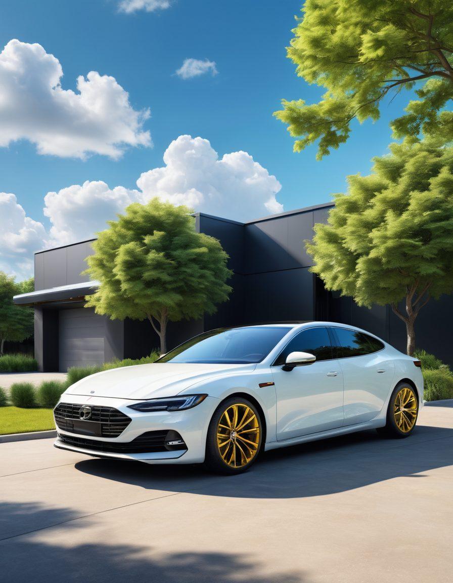 A sleek, modern car parked in front of a secure garage with a high-tech security system visible, surrounded by various protective gear like tire locks and steering wheel locks. The scene should convey a sense of safety and sophistication, with a bright blue sky and green trees in the background. Emphasize vibrant colors and a professional appearance. super-realistic. vibrant colors. 3D.